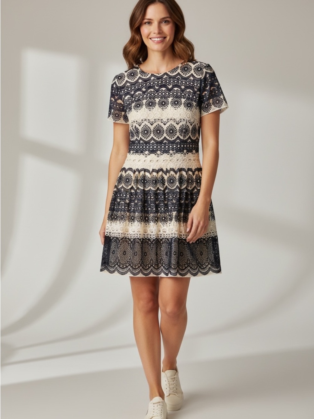 Short Lace-Pattern Navy and Cream Fit-and-Flare Dress
